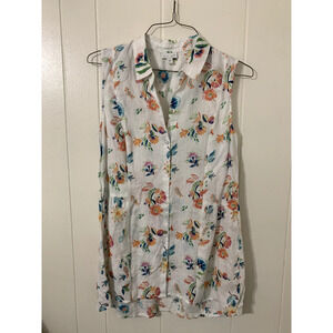 J Jill Love 100% Linen Size Med Sleeveless Floral Button Up Tunic Blouse Shirt